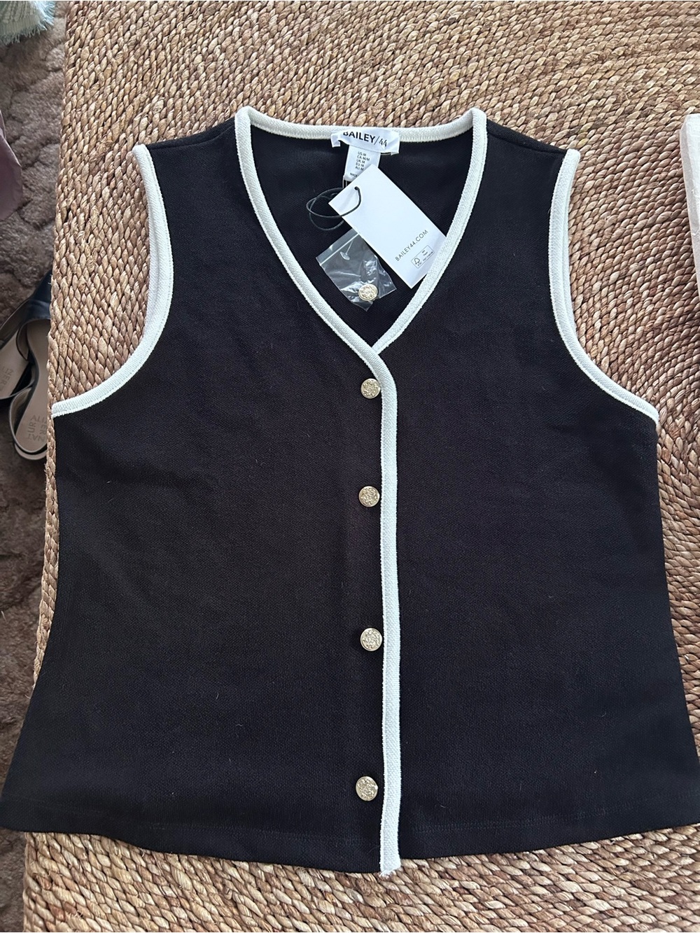 Bailey 44 Black Sleeveless Knit Tank with White Trim and Gold Buttons
